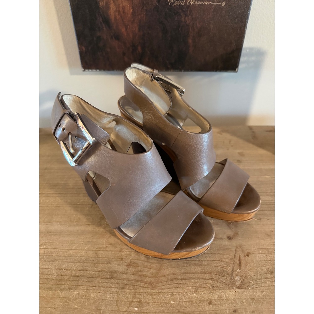 Michael‎ Kors Brown Leather Open Toe Wedge Sandals Buckle Ankle Strap Women